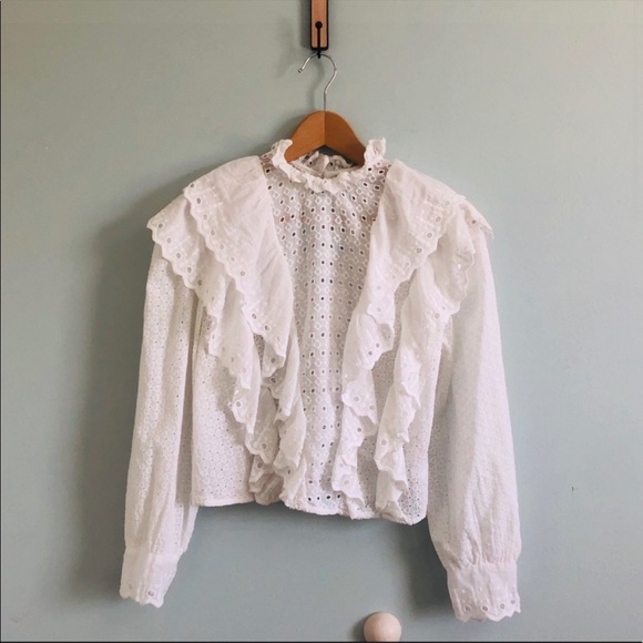 Topshop White Ruffle Eyelet Long Sleeve Blouse - Picture 5 of 10